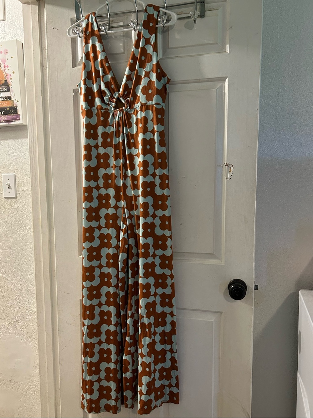 Anthropologie Brown and Light Blue Floral-Print Jumpsuit
